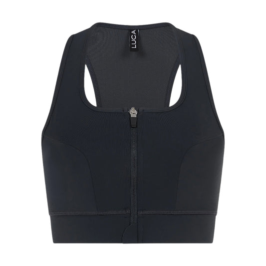 Back-view-of-a-black-sports-bra- crop-top-featuring-a-full-length- exposed-zipper-closure-racerback- style-and-mesh-upper-panel