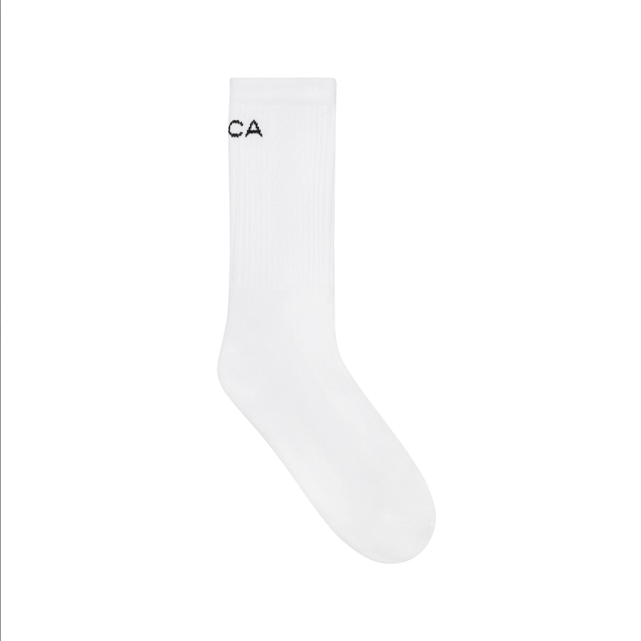 Single-white-athletic-sock-with-black-LUCA-lettering-visible-on-the- ankle-shown-floating-against-a-white-background