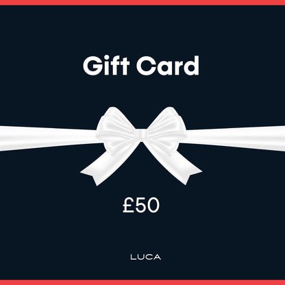 Graphic-representing-a-LUCA-Gift- Card-valued-at-£50-It-features-a- large-white-bow-on-a-ribbon-across-a-dark-blue-background- framed-by-a-red-border