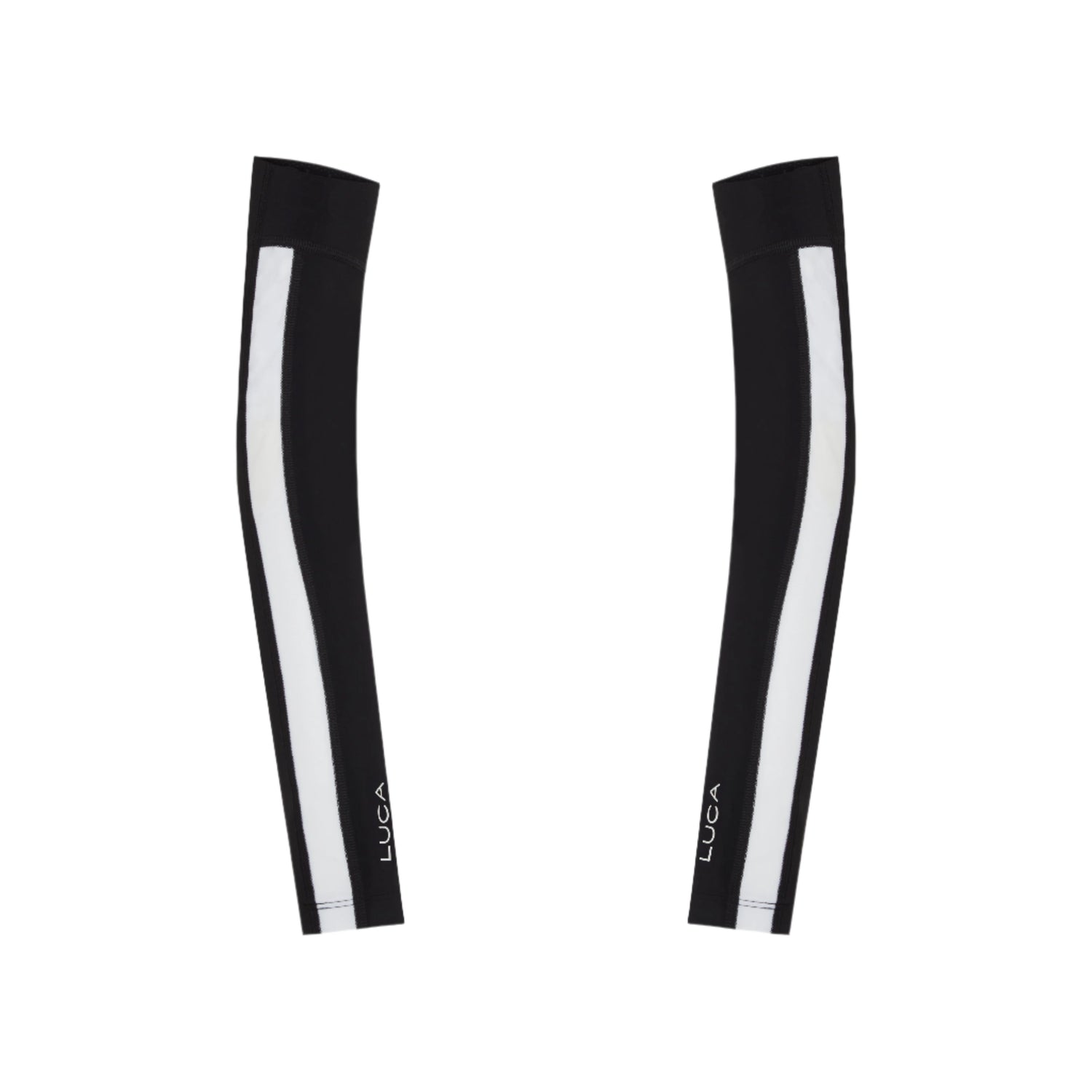 A-pair-of-black-cycling-arm-warmers- shown-flat-against-a-white- background-They-feature-a-single- thick-white-stripe-down-the-side-and- the-small-white-LUCA-logo-near-the- cuff-These-are-essential-unisex-cycling-accessories-black athletic-arm- sleeves-and-sun-protection-gear