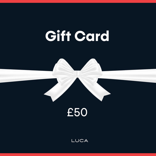 Graphic-representing-a-LUCA-Gift- Card-valued-at-£50-It-features-a- large-white-bow-on-a-ribbon-across-a-dark-blue-background- framed-by-a-red-border