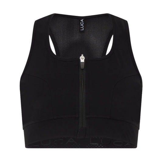 Product-photo-of-a-black-athletic- sports-bra-displayed-against-a-white- background-It-features-a-full-front- zipper-closure-a-racerback-design-with-mesh-detailing-for-breathability- and-the-LUCA-brand-tag-at-the-neck- Focus-on-women's-black-front-zip- sport-bra-high-support-cycling-gear-mesh- panel-activewear-and-easy-on- workout-top
