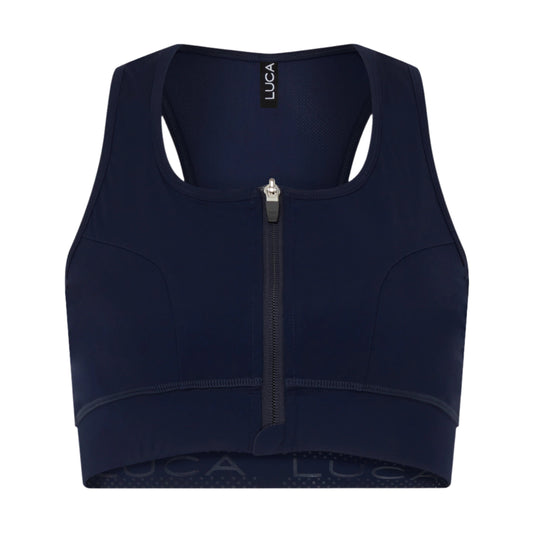 Product-photo-of-a-navy-blue-athletic- sports-bra-displayed-against-a-white- background-It-features-a-sturdy-full- front-zipper-closure-and-a-racerback- design-with-mesh-detailing-The-black- LUCA-brand-tag-is-visible-near-the- neckline-Focus-on-women's-navy- front-zip-sports-bra-high-support- activewear-dark-blue-cycling-crop-top-and-easy-wear-workout-gear