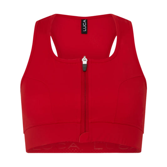 Product photo of a bright red Elevate Sports Bra-displayed-against-a-white- background-The-bra-features-a-front- zipper-closure-for-easy-wear-and-a- racerback-design-The-black-LUCA-brand-tag-is-visible-at-the-top-Focus-on-women's-high-impact-sports-bra- red-front-zip-bra-running-cycling- crop-top-and-easy-on-activewear