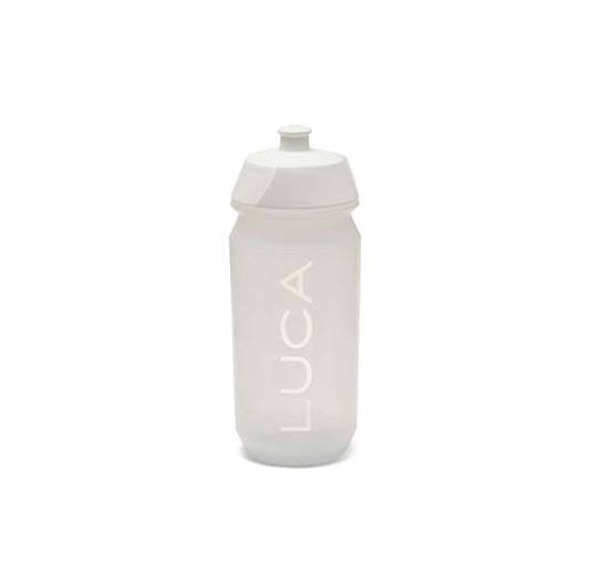  matte-white-cycling-water-bottle- with-the-LUCA-logo 