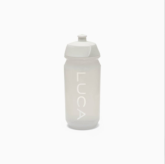 Translucent-matte-white-cycling- water-bottle-with-the-LUCA-logo- printed-vertically-on-the-side