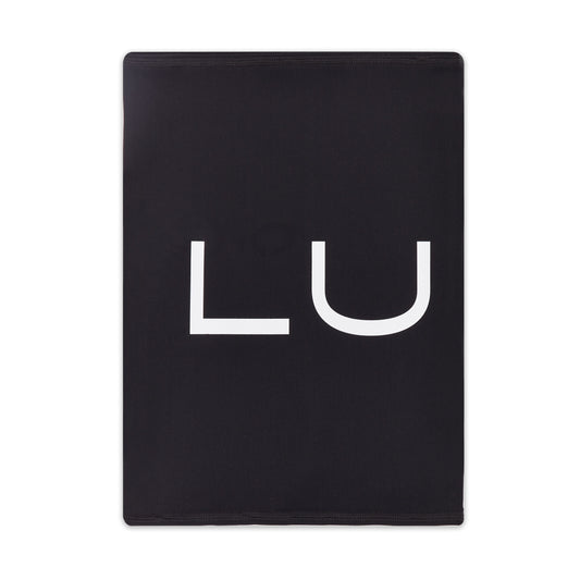 A-flat-product-shot-of-a-black-athletic-neck-gaiter-The-front-features-a-minimalist-Large-white-LU-graphic-representing-the-brad-logo