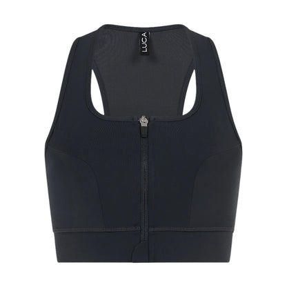 Front-view-of-a-dark-grey-bra-sports-featuring-a-racerback-design-and-a-functional-zipper-closure-down-the-center-of-the-back-The-LUCA-logo-is-visible-on-the-inner-neck-tag