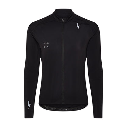 Black-long-sleeve-athletic-jersey-on-a-white-background-highlighting-the-full-front-zip-high-collaar-and-prominent-reflective-lighting-bolt-sign-on-the-chest-and-lower-sleeves
