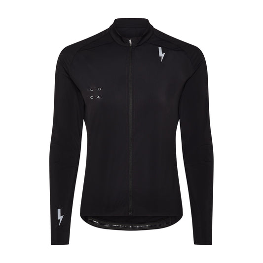 Black-long-sleeve-athletic-jersey-on-a-white-background-highlighting-the-full-front-zip-high-collaar-and-prominent-reflective-lighting-bolt-sign-on-the-chest-and-lower-sleeves