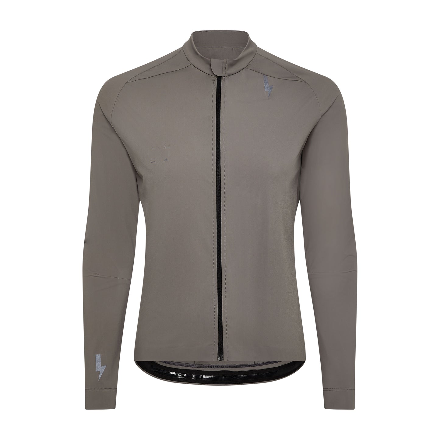 Full-front-grey-LUCA-Horizon-cycling-jersey-featuring-full-length-black-zipper