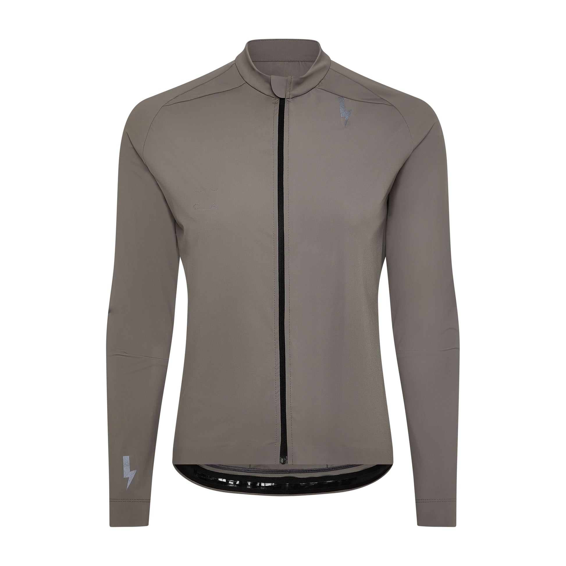 Full-front-grey-LUCA-Horizon-cycling-jersey-featuring-full-length-black-zipper