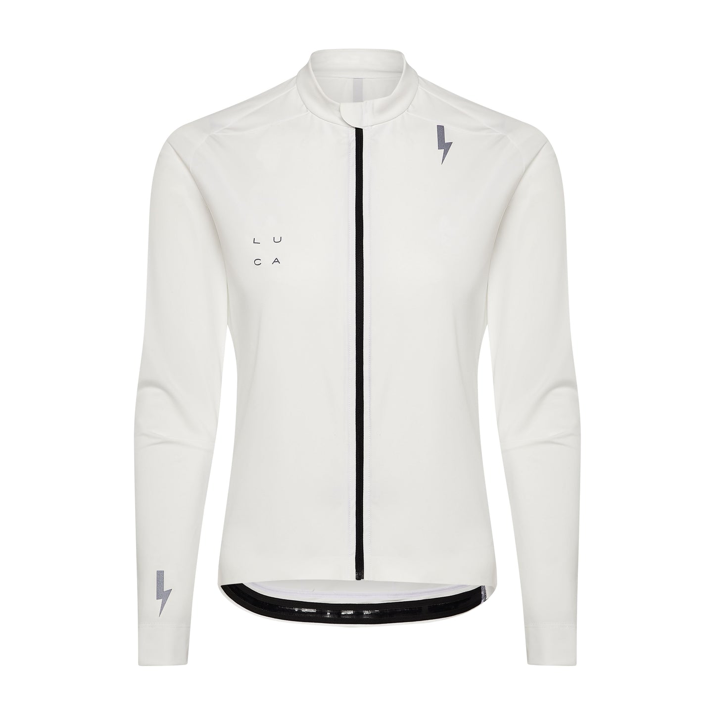 Front-view-of-the-white-long-sleeve-athletic-jersey-with-a-full-blck-zip-and-high-collar-The-top-features-gray-LUCA-chest-branding-logo-and-reflective-lighting-bolt-sign-on-the-upper-chest-and-lower-sleeve