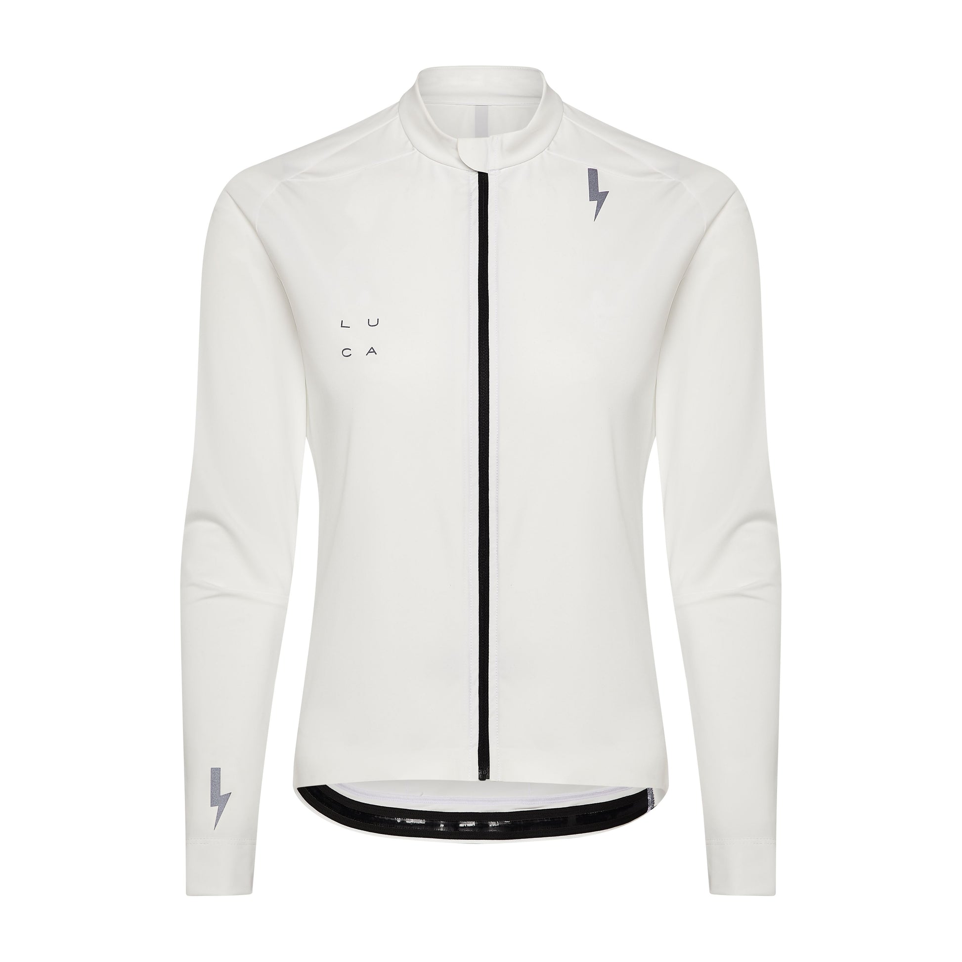 Front-view-of-the-white-long-sleeve-athletic-jersey-with-a-full-blck-zip-and-high-collar-The-top-features-gray-LUCA-chest-branding-logo-and-reflective-lighting-bolt-sign-on-the-upper-chest-and-lower-sleeve