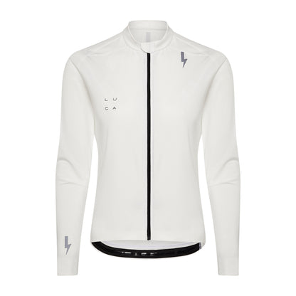 Front-view-of-the-white-long-sleeve-athletic-jersey-with-a-full-blck-zip-and-high-collar-The-top-features-gray-LUCA-chest-branding-logo-and-reflective-lighting-bolt-sign-on-the-upper-chest-and-lower-sleeve