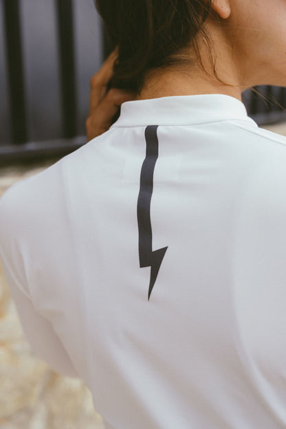 Close-up-of-the-back-of-the-Luca-white-long-sleeve-cycling-jersey-showing-the-dark-grey-vertical-stripe-and-lighting-bolt-graphic-running-down-the-center-of-the-high-collar-and-neck-panel