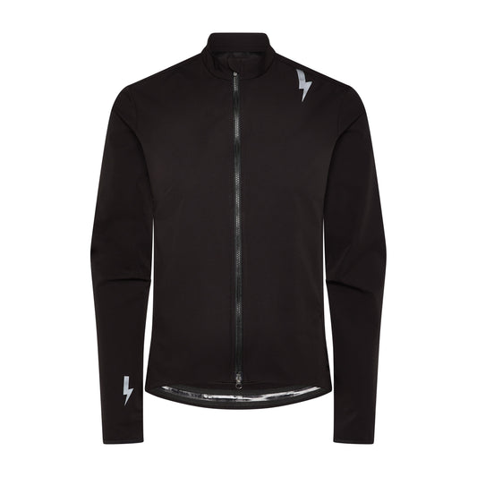 Full-front-view-of-the-Black-Momentum-Performance-jacket-on-a-white-background-showing-the-full-zipper-high-collar-a-reflective-lighting-bolt-sign-on-the-shoulder-and-a-smaller-bolt-sign-on-the-left-cuff