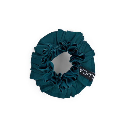 Teal-LUCA-Uplift-Scrunchie-made-from-sweat-ready-leftover-cycling-jersey-fabric-suitoble-for-hair