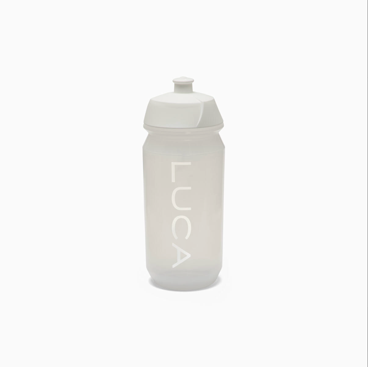 Translucent-matte-white-cycling- water-bottle-with-the-LUCA-logo- printed-vertically-on-the-side