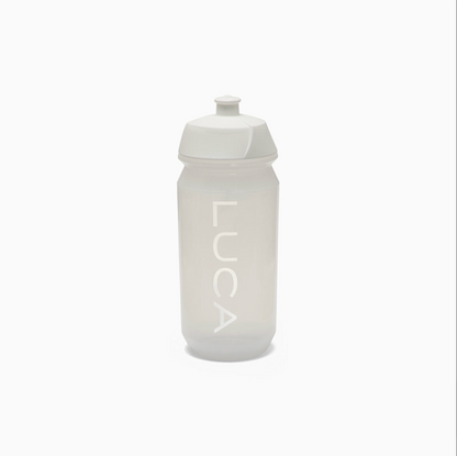 Translucent-matte-white-cycling- water-bottle-with-the-LUCA-logo- printed-vertically-on-the-side