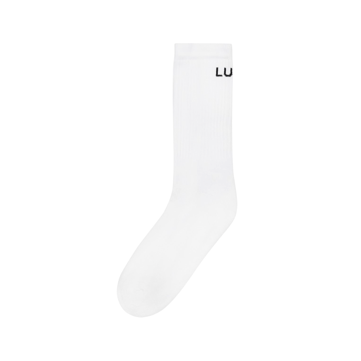 Single-white-crew-cycling-sock-with-the-black-LUCA-logo-knitted- into-the-ribbed-ankle-cuff-shown-on-a-white-background