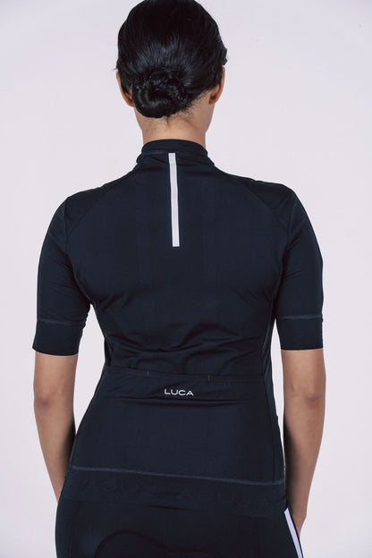 Black-short-sleeve-cycling-jersey- showing-the-back-pocket-with- LUCA-logo-and-a-vertical-reflective- strip