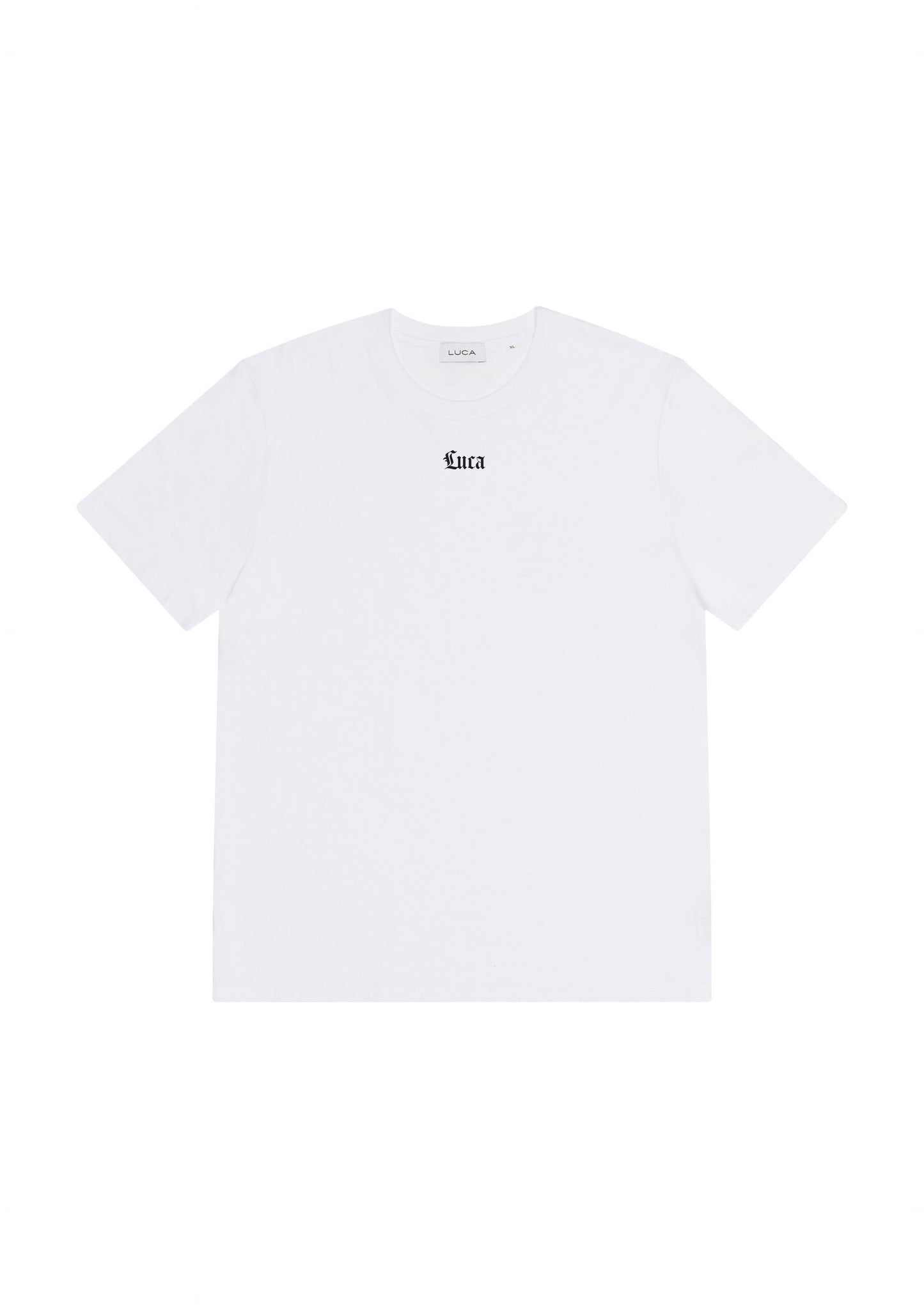Isolated-straight-on-view-of-a-white-crewneck-t-shirt-The-word- "Luca"-is-printed-in-a-small-black- Gothic-font-centered-just-below-the-collar