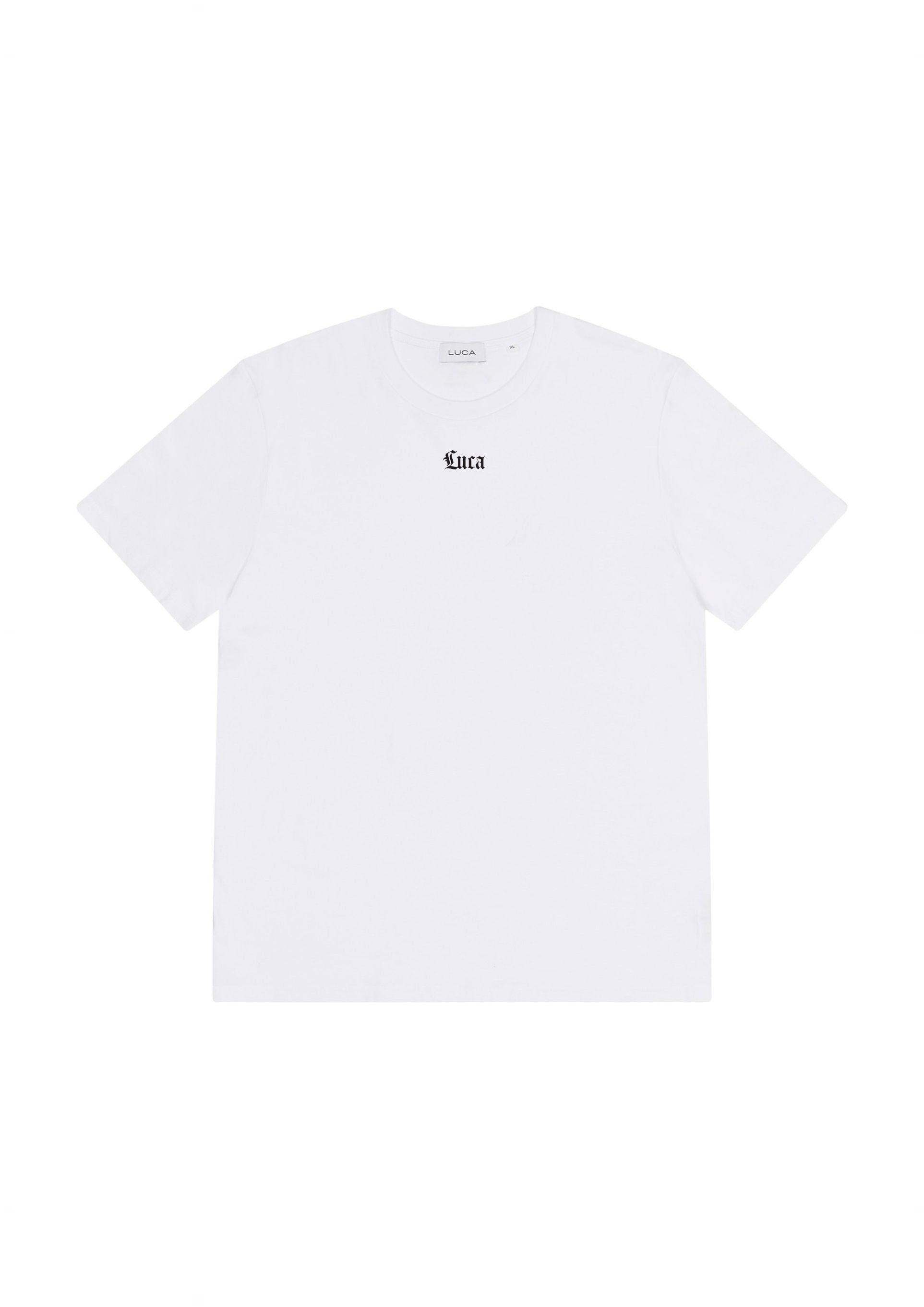 Isolated-straight-on-view-of-a-white-crewneck-t-shirt-The-word- "Luca"-is-printed-in-a-small-black- Gothic-font-centered-just-below-the-collar