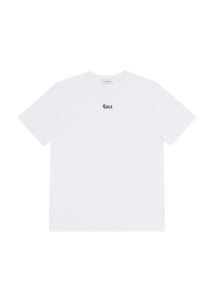 Isolated-straight-on-view-of-a-white-crewneck-t-shirt-The-word- "Luca"-is-printed-in-a-small-black- Gothic-font-centered-just-below-the-collar