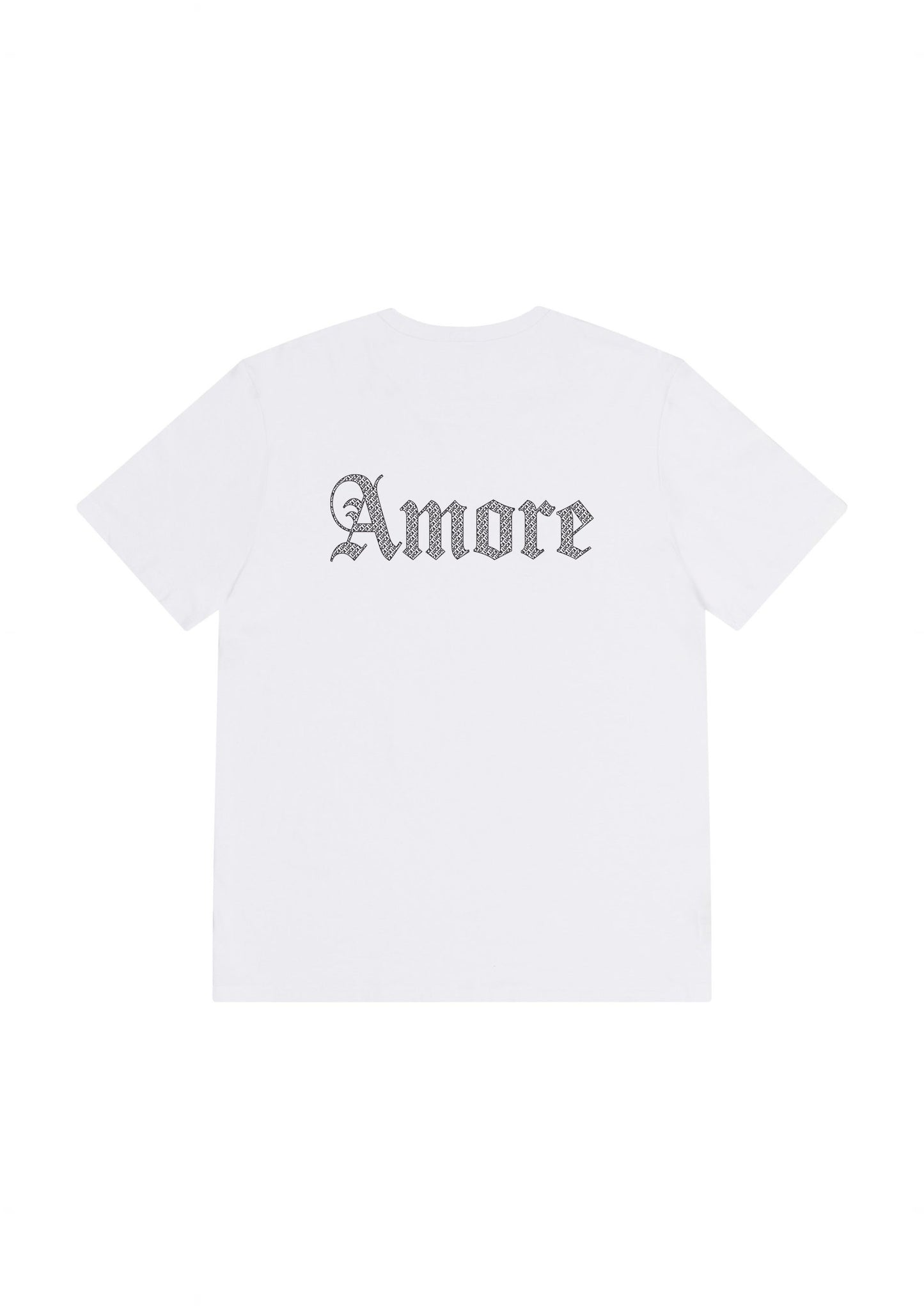 Studio-shot-of-the-back-of-a-white- short-sleeve-shirt-with-the-word- 'Amore'-centered-high-on-the-back- in-a-striking-detailed-graphic