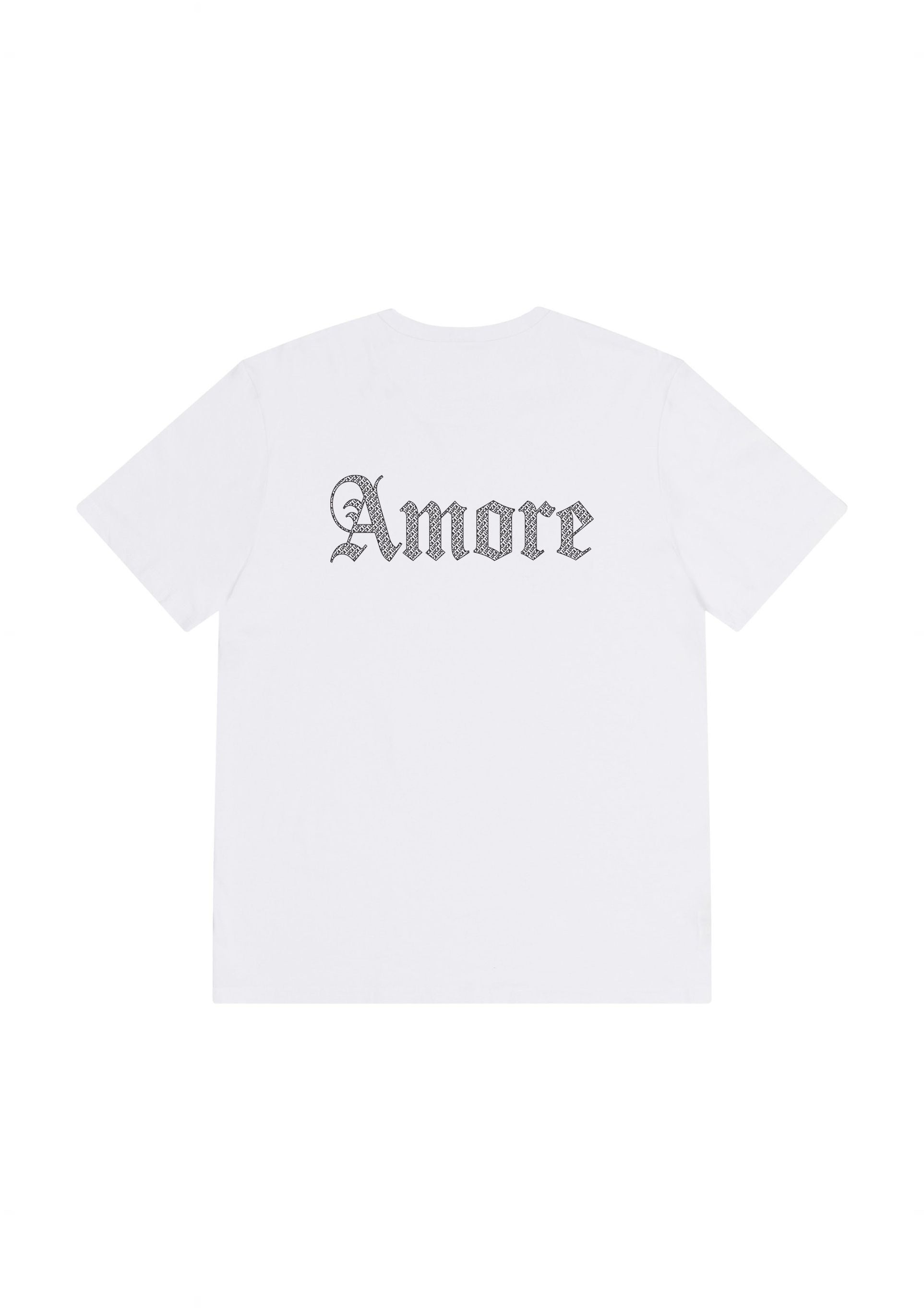Studio-shot-of-the-back-of-a-white- short-sleeve-shirt-with-the-word- 'Amore'-centered-high-on-the-back- in-a-striking-detailed-graphic