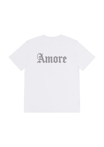 Studio-shot-of-the-back-of-a-white- short-sleeve-shirt-with-the-word- 'Amore'-centered-high-on-the-back- in-a-striking-detailed-graphic