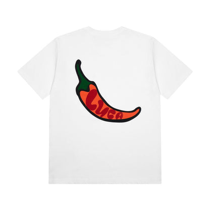 Heavyweight-organic-cotton-LUCA-t-shirt-with-a-large-bold-chili- artwork-print-on-the-back-featuring- a-clean-unisex