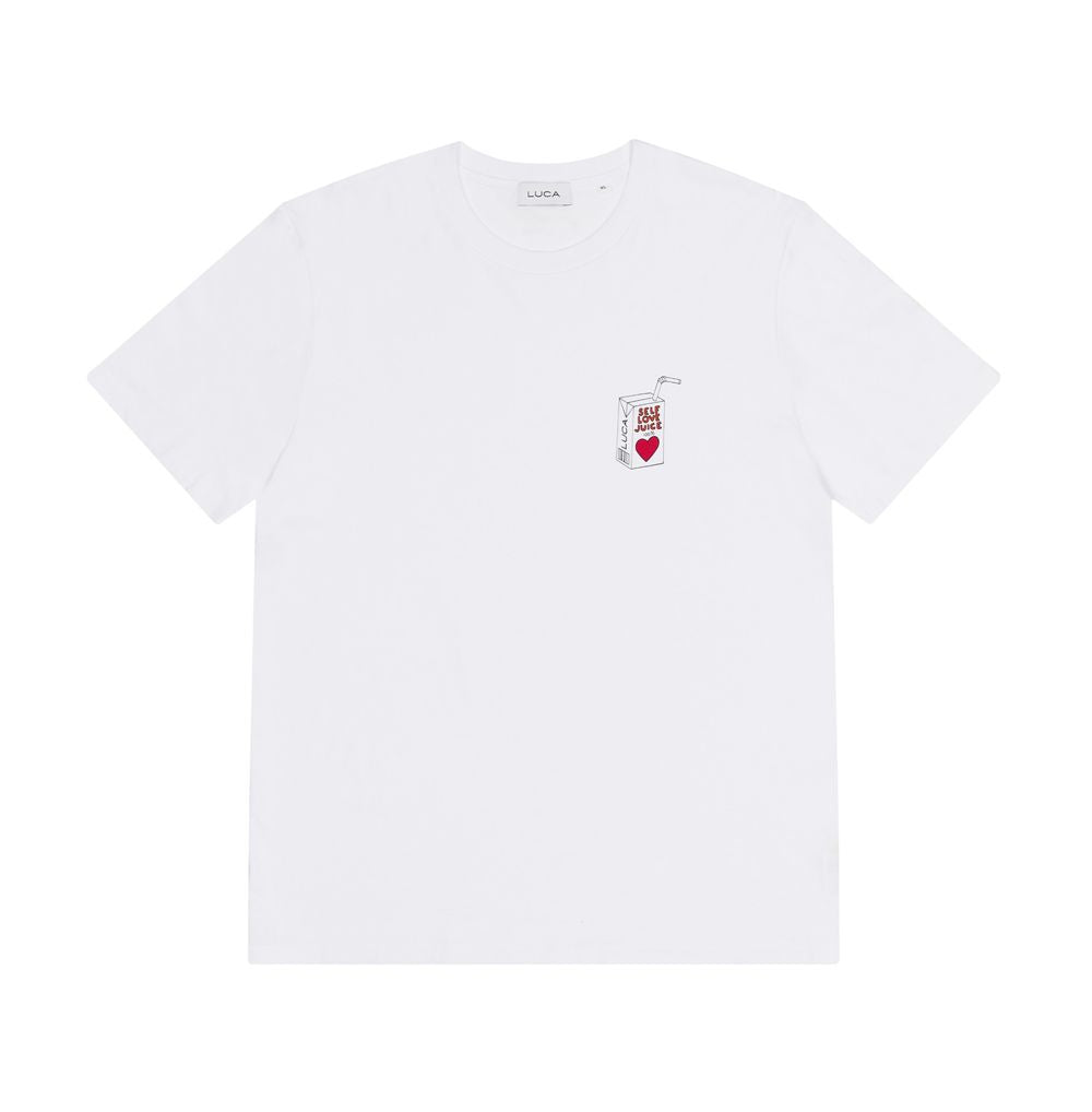 A-flat-lay-prouct-shot-of-a-crisp-white-crew-neck-cotton-t-shirt-The-shirt-features-a-small-SELF-LOVE-JUICE-graphic-print-on-the-left-chest-which-depicts-a-stylized-juice-box-with-a-red-heart-The-LUCA-brand-logo-is-also-visible-on-the-neckline-tag