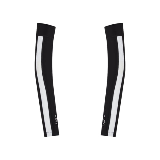 A-pair-of-black-cycling-arm-warmers- shown-flat-against-a-white- background-They-feature-a-single- thick-white-stripe-down-the-side-and- the-small-white-LUCA-logo-near-the- cuff-These-are-essential-unisex-cycling-accessories-black athletic-arm- sleeves-and-sun-protection-gear