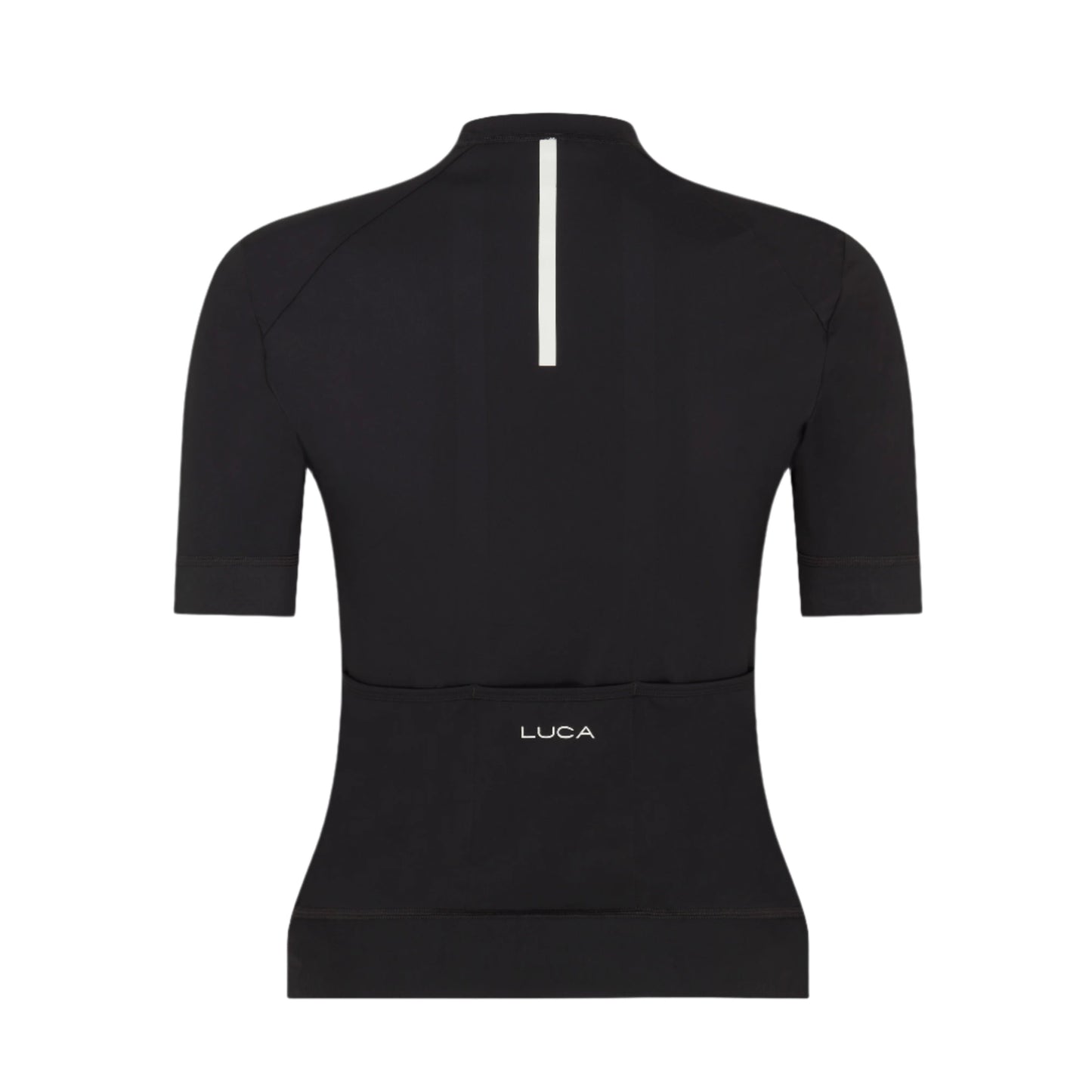 Black-short-sleeve-cycling-jersey- with-white-vertical-stripe-on-the- back-and-LUCA-logo