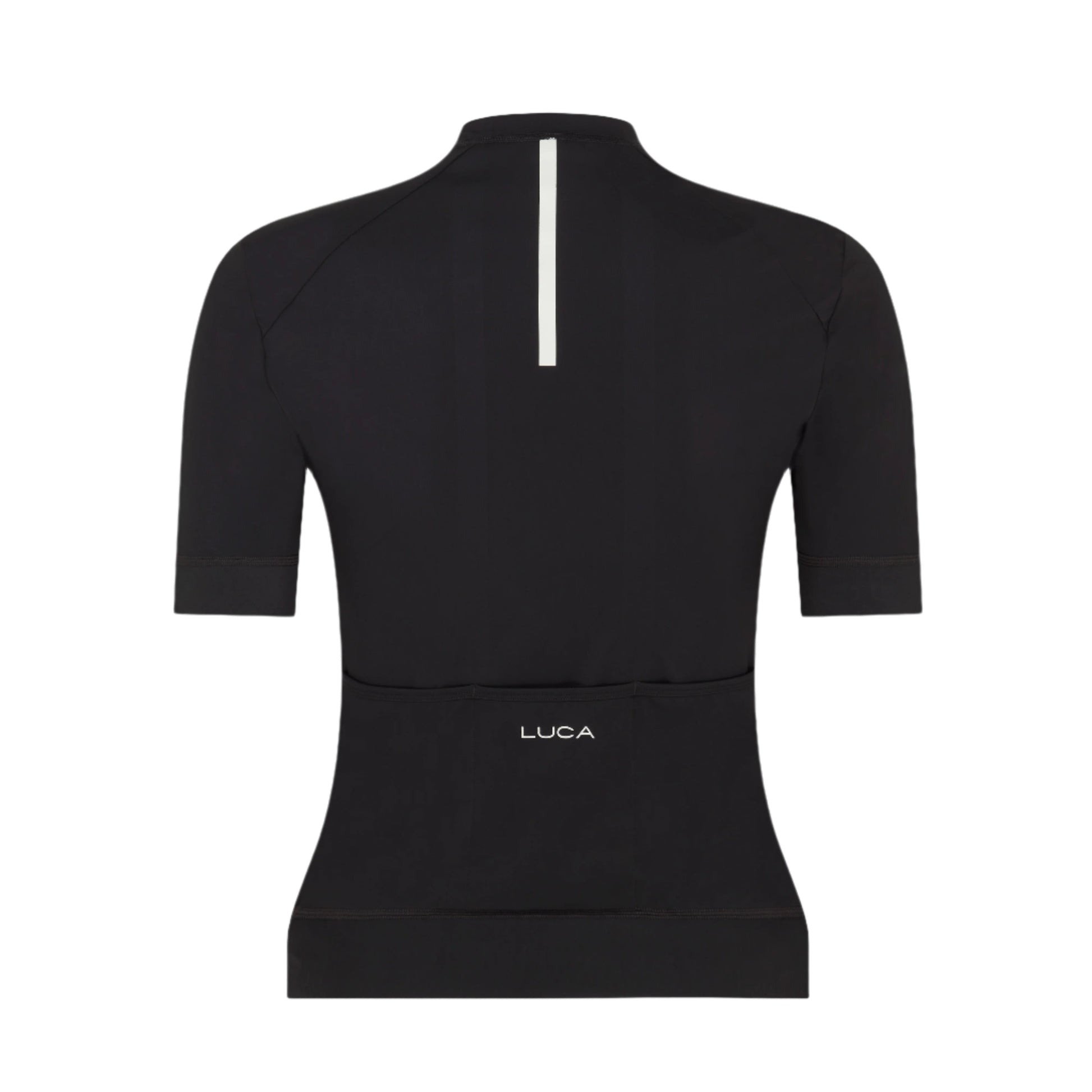 Black-short-sleeve-cycling-jersey- with-white-vertical-stripe-on-the- back-and-LUCA-logo
