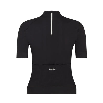 Black-short-sleeve-cycling-jersey- with-white-vertical-stripe-on-the- back-and-LUCA-logo