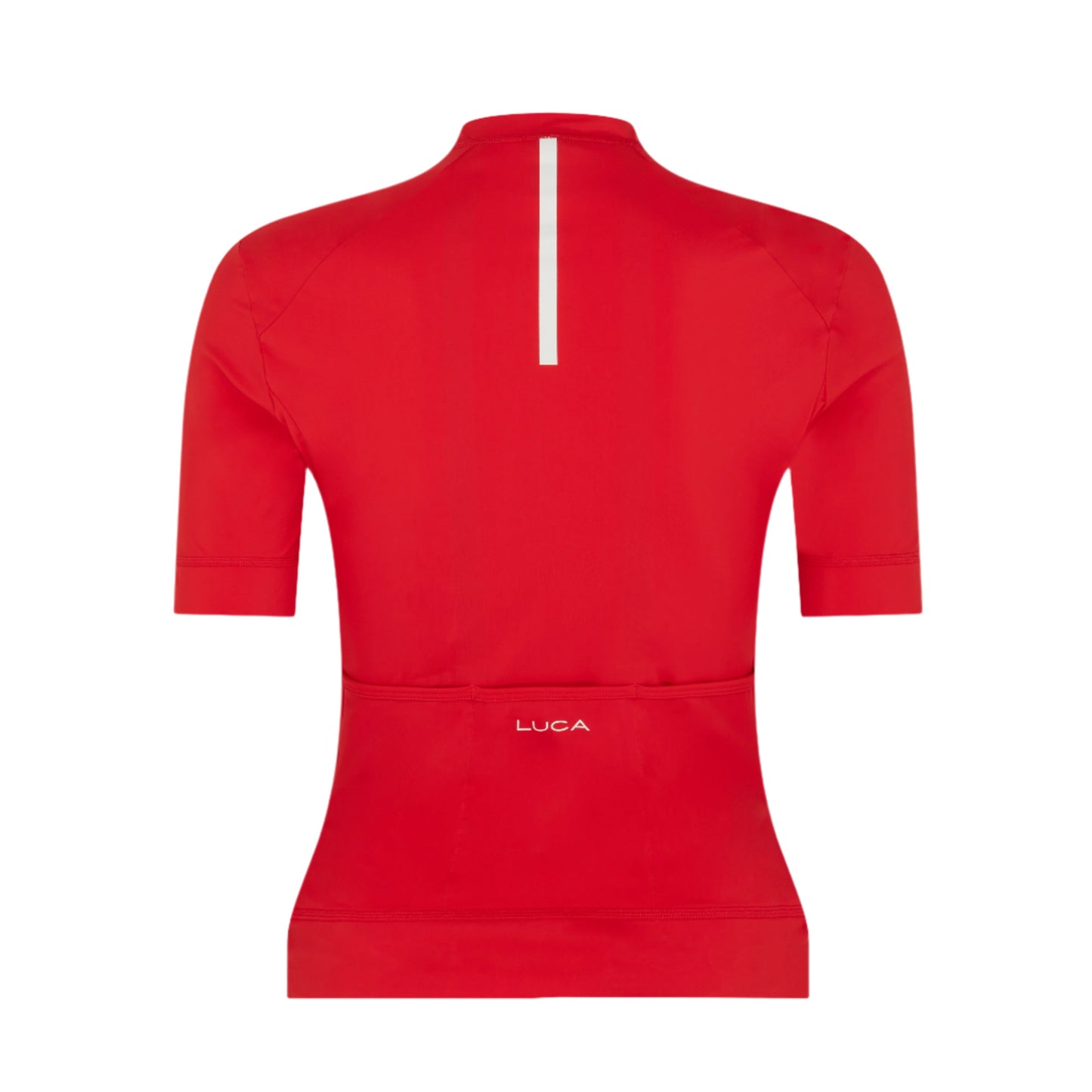 Red-women's-cycling-jersey-with-a- white-vertical-reflective-stripe-and- the-LUCA-logo-above-the-rear- pockets