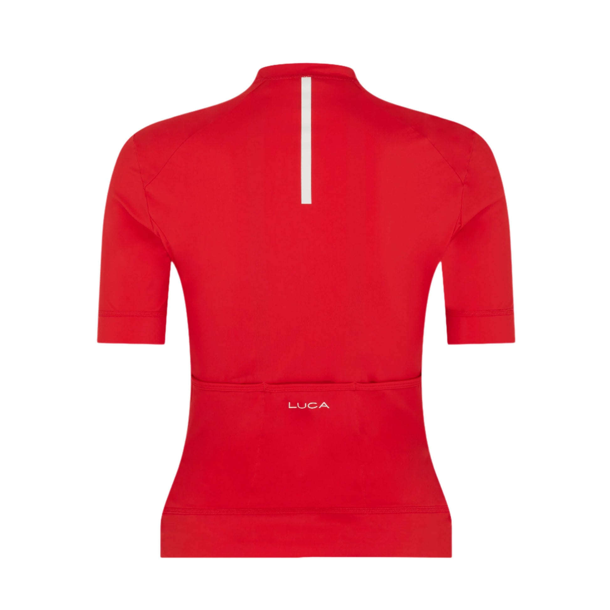 Red-women's-cycling-jersey-with-a- white-vertical-reflective-stripe-and- the-LUCA-logo-above-the-rear- pockets