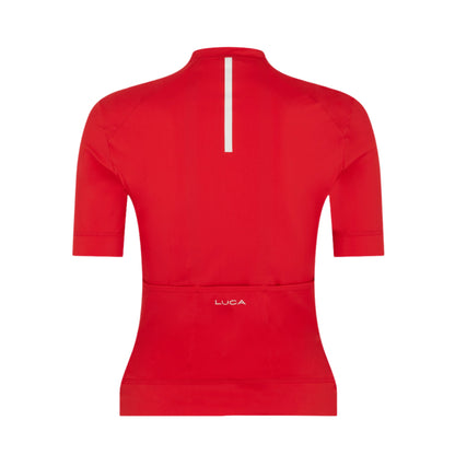 Red-women's-cycling-jersey-with-a- white-vertical-reflective-stripe-and- the-LUCA-logo-above-the-rear- pockets