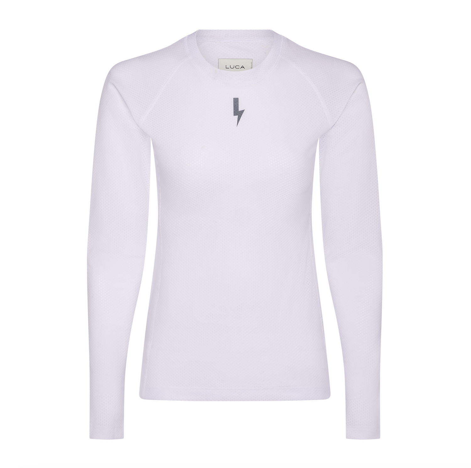 A-studio-photograph-of-a-fitted-long-sleeve-white-athletic-top- displayed-flat-against-a-white- background-The-shirt-features-a- small-dark-gray-lightning-bolt-sign- centered-on-the-chest-a-crew-neck- collar-and-raglan-sleeves-The- material-has-a-subtle-perforated- The-brand-name-"LUCA"-is-visible- in-tiny-text-at-the-back-of-the-neck