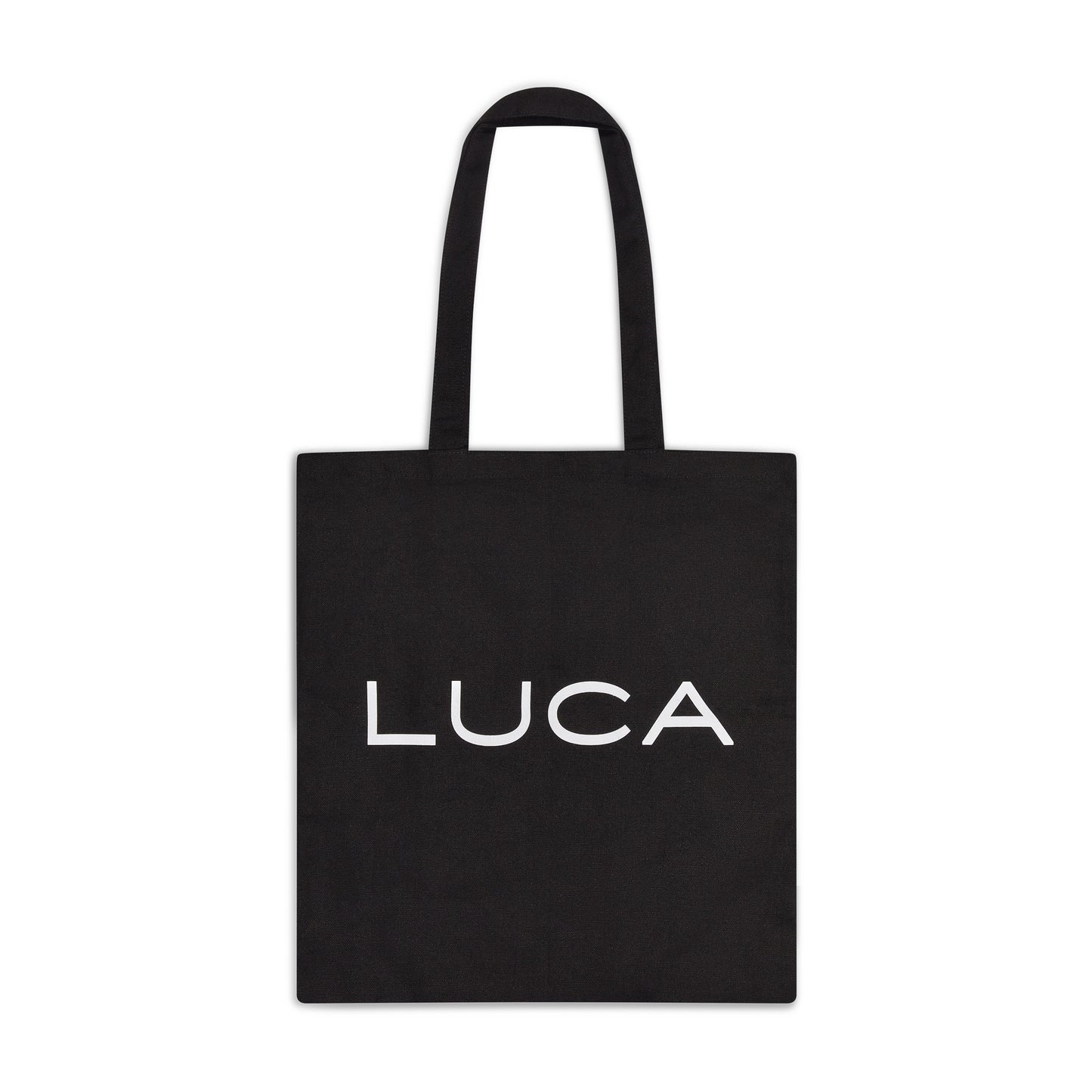 Black-cotton-canvas-tote-bag-with- white-LUCA-logo-printed-on-the- front-with-shoulder-straps-on-a- white-background